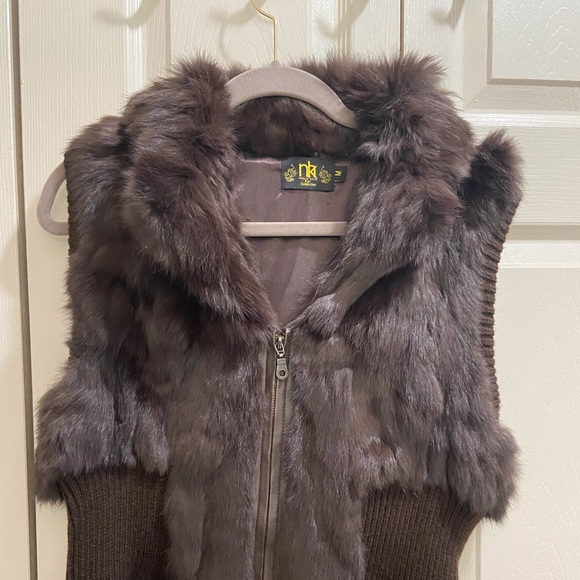 Dark Chocolate Brown Rabbit Fur Vest with Knit ribbed sides - Picture 8 of 8
